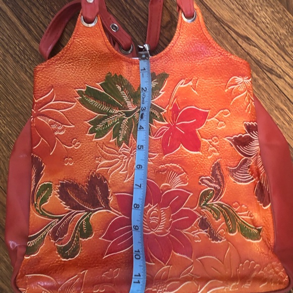 Gorgeous Vtg Women’s Tooled Leather & Vinyl Lotus Flower Hobo Handbag 70s Floral - Picture 10 of 10